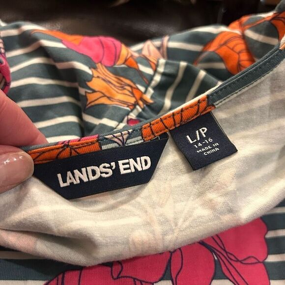 LANDS’ END Floral T-Shirt Dress Ruffle Sleeve Orange Pink Gray Green Size Large - Picture 6 of 8